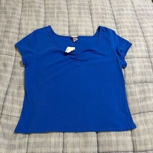 Rue + Ruched Square Neck Short Sleeve Top Womens Plus 2X Blue Cotton Blend NWT